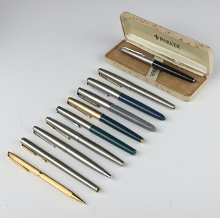 A Parker 61 black cased fountain pen and 7 others, a Waterman gilt propelling pencil and a Parker steel cased fountain pen  