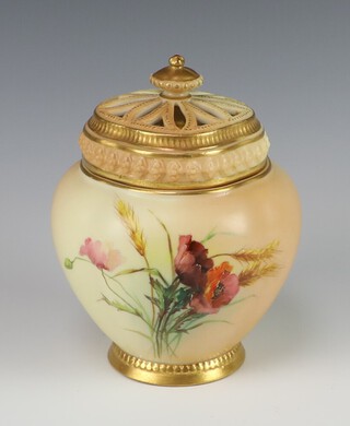 A Victorian Royal Worcester bulbous shaped pot pourri decorated poppies and ears of corn, the base with green Royal Worcester mark, 12 dots, 1314, complete with inner lid 12cm  