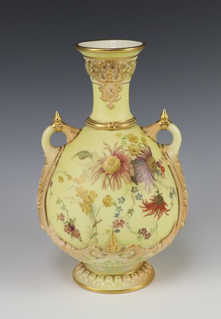 A Victorian Royal Worcester blush ivory twin handled vase decorated flowers the base with purple Royal Worcester mark, 1 dot, 1553, 22cm h 