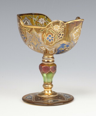 A 19th Century Bohemian yellow ground fluted cup with polychrome floral decoration on a hexagonal base with spreading foot and gilt borders 12cm 