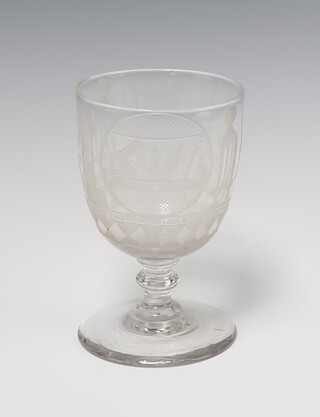 A Masonic 19th Century etched glass rummer with square and compasses, pillars, working tools etc, 13cm  