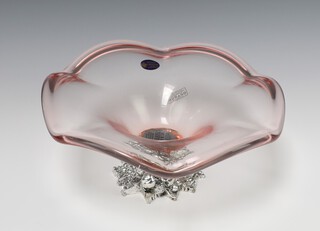 A White Cristal Italian (Naples) pink glass pedestal bowl raised on a shaped plated base decorated fruit 10cm x 25cm  