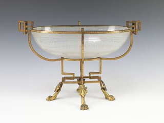 An Art Nouveau Continental gilt metal and etched glass, 2 handled, boat shaped table centrepiece 22cm x 35cm x 19cm  