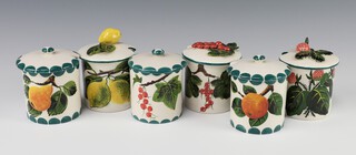 Six Griselda Hill Pottery cylindrical preserve jars decorated fruits 6cm