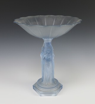 An Art Deco blue pressed glass table centrepiece supported by 3 ladies with circular shaped bowl 31cm (in 2 sections) 