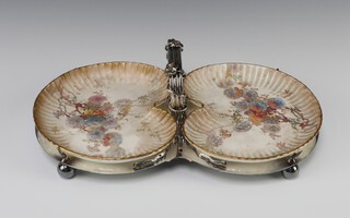 A circular silver plated twin handed dish frame with 2 associated Doulton Burslem scallop shaped blush ivory plates with floral decoration 