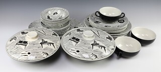 A 27 piece Ridgways Homemaker dinner service comprising 2 tureens and covers, oval meat plate, 6 dinner plates (2 chipped), 5 tea plates, 5 bowls, 6 saucers (1 chipped), 3 twin handled soup bowls (1 has a star crack)