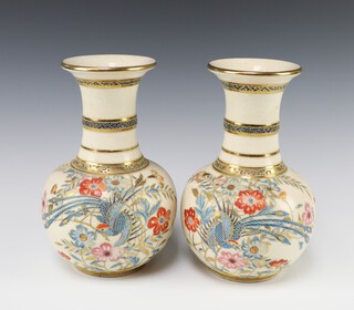 A pair of late Japanese Satsuma club shaped vases with floral and bird decoration 23cm 