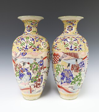 A pair of Japanese late Satsuma porcelain vases decorated courtly figures 39cm 