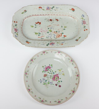 Two Chinese export famille rose wares, Qing dynasty, Qianlong period, comprising an oblong octagonal dish and a circular dish painted with a peony 33.7cm wide and 22.7cm diam