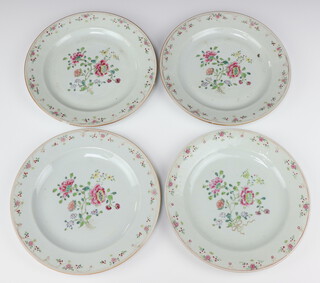 Four Chinese export famille rose dishes, Qing dynasty, Qianlong period, painted with sprays of peonies, 23cm diam 