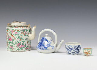 A blue & white teapot and cover, 20th Century painted with the "Three Friends of Winter" together with a Canton famille rose teapot, late Qing dynasty, painted with birds and butterflies amongst flowers, a clue and white jar and a small Satsuma type tripod vessel, 3.4cm to 14.5cm h (4)