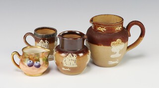 A miniature Royal Worcester jug decorated peaches and grapes, signed to the bottom of the handle 3cm, a Lambeth Stoneware mug with silver rim 4cm, ditto double spouted jug 5cm and a ditto jug 7cm (slight chip to rim) 