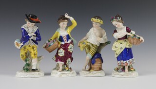 Four Sampson porcelain figures of children, 1 with basket of fruit, boy with rabbit, girl with basket of flowers and boy with sheath of corn (hand restored) 13cm 

