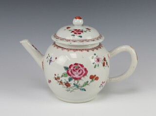 An 18th Century Chinese famille rose porcelain teapot of bulbous form with floral decoration 13cm (cracked)  