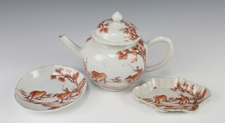 An 18th Century Chinese ochre teapot decorated a man riding a cow, Buffalos and buildings 8cm, ditto circular bowl 11cm (chip to rim) and boat shaped dish 12cm 