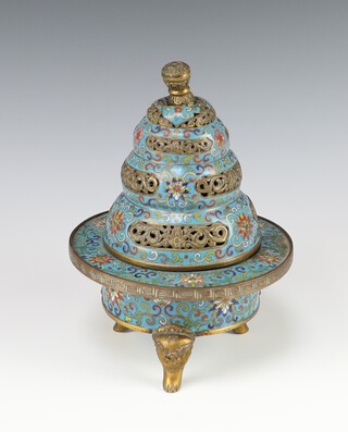 A fine cloisonne enamel blue ground cylindrical Koro and cover raised on panelled supports 20cm h 