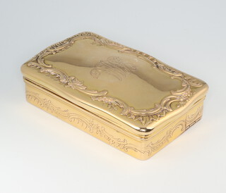 A French mid-19th Century yellow metal repousse rectangular box with engraved monogram decorated with scrolls, the interior divided into 3 sections with outwood folding mount, double stamped with eagles head 80mm x 50mm x 20mm, 105.7 grams