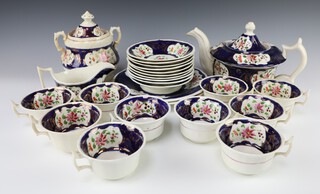 A 25 piece Gaudy Welsh tea service comprising teapot (chipped to inner rim), cream jug, sugar bowl (stained), 2 sandwich plates, 10 cups (9 cracked) and 10 saucers 