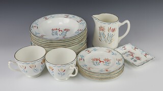 A Wedgwood 31 piece tea service with stylised gazelle decoration the base monogrammed BM comprising 6 side plates (2 cracked), 6 bowls, 6 tea plates, 6 cups (5 cracked), 6 saucers (4 cracked), 6 egg cups 