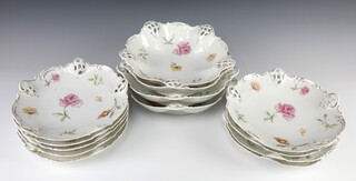 A B.R.C Moliere 13 piece floral patterned dessert service comprising 6 shaped dishes and 6 plates (minor rubbing in places)