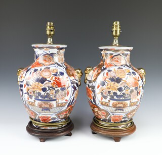 A pair of Imari style twin handled table lamps 35cm 