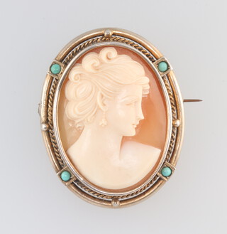 A Victorian style turquoise set cameo portrait brooch pendant 