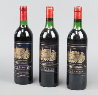 Three bottles of 1982 Margaux Chateau Palmer Medoc red wine (low on neck) 