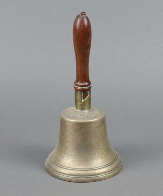 A brass hand bell marked 10 WH with turned wooden handle 25cm x 12cm 