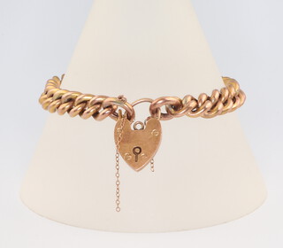A 9ct yellow gold bracelet with heart padlock, 18cm, 12 grams 