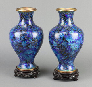 A pair of blue ground 20th Century Chinese cloisonne enamelled club shaped vases on marble bases 13cm x 17cm 