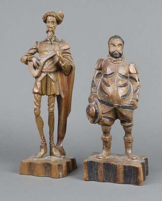 Two carved hardwood figures, standing Don Quixote on a square base 32cm h and Sancho Pancho 37cm h 