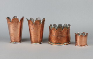 A pair of Art Nouveau style waisted copper vases with wavy borders 17cm h, ditto chassepot 12cm and 1 other 7cm x 9cm 