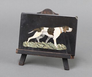 A Pietra Dura specimen marble and glass plaque of a standing pointer 8cm x 12cm (chips to corner on wooden easel) 