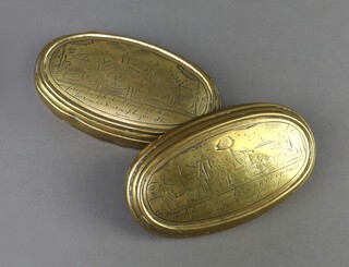 An 18th Century Dutch oval tobacco box, both faces engraved scenes and text 3cm h x 13cm x 7cm (hinge af)