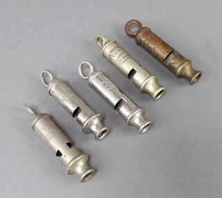 Two J Hudson ARP whistles, an Acme whistle, 2 Metropolitan patent whistles