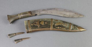 A Kukri with 22cm blade and 2 skinning knives contained in a horn scabbard 