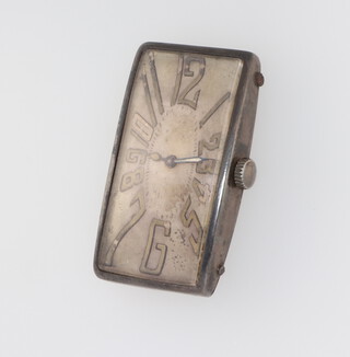 A stylish Orator Art Deco silver curve shaped mechanical wristwatch, the back numbered 58658 45mm x 26mm 