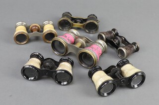 A pair of Lamier opera glasses with pink enamelled decoration together with 5 other pairs of glasses