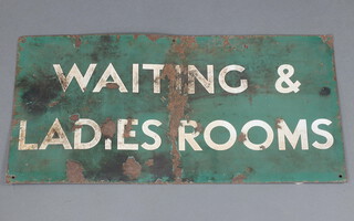 A green and white painted railway sign "Waiting and Ladies Room" 30cm x 60cm 