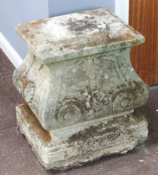 A Rococo style well weathered concrete pedestal 54cm h x 44cm w x 36cm d  