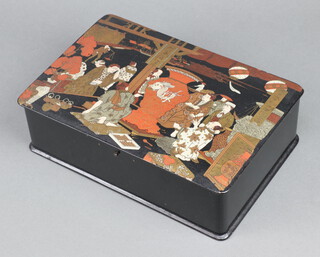 A 19th Century Japanese black lacquered trinket box with hinged lid, the lid decorated a vase and figures 8cm x 28cm x 19cm with fitted interior 