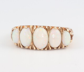 A Victorian style 9ct yellow gold 5 stone opal ring, 3.4 grams, size O 1/2