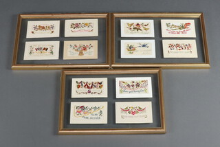 Twelve First World War embroidered postcards contained in 3 frames 23cm x 36cm