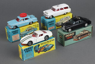 Corgi Toys, a die cast Ford Zephyr motorway patrol car in white 419, a Riley Pathfinder Police car 209, a Marcos Volvo 1800 GT in white 324, Corgi Motor School Austin A60 236