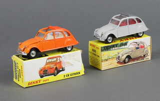 Dinky Toys, a French Citroen 2CV 500 in pale grey with mid grey top, red seats and unpainted hubs with French copy picture box together with a Spanish 011500 2 CV in orange with cream seats in original picture box 