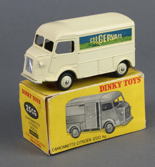 French Dinky Toys, Camionnette Citroen 1200 kg  H Van 25CG, cream body & hubs, blue and green "CH GERVAIS" decal to each side. boxed with 25CG GERVAIS box (missing flap) 