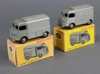 French Dinky Toys, a pair of metallic grey Camionette Citroen 1200 kg H vans 25-C with original 25-CG box and 25C copy box