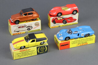 Dinky Speedwheels, a Citroen Dyane 559 in bronze boxed, Alfa Romeo OSI 217 in pink, a Matra 630 200 in blue, a Lotus Europe in yellow 218 with gold engine all boxed