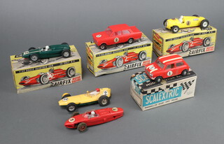 Triang, 6 electric racing cars to include Airfix 1:32 Vauxhall Nova boxed, Airfix 1:32 Auto Union boxed, Airfix 1:32 Cooper (damaged) boxed, Airfix 1:32 Ferrari (damaged), Scalextric Mini Cooper (boxed), Scalextic Lotus (damaged)